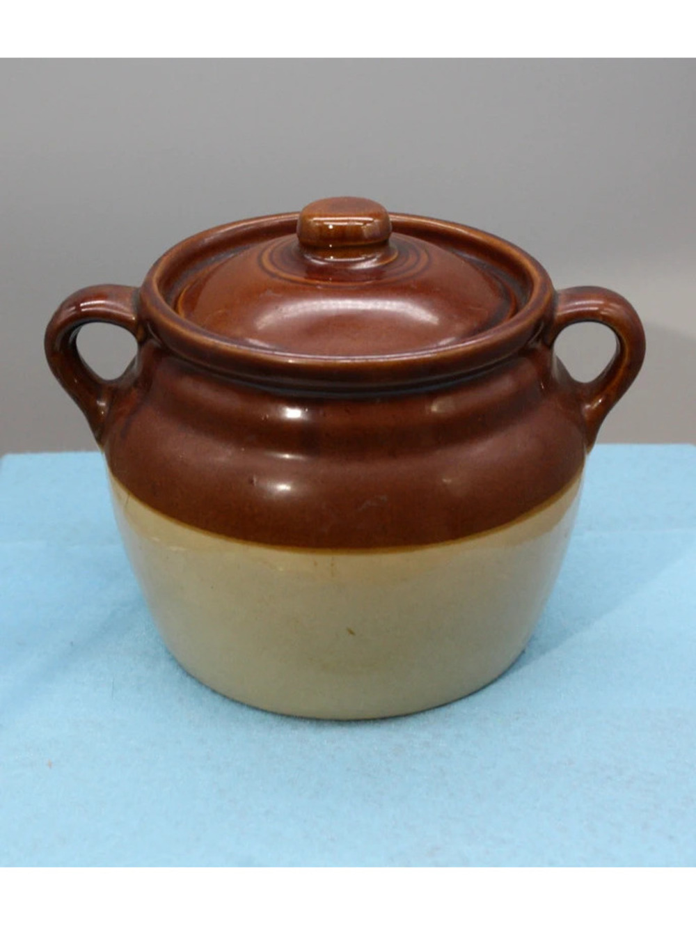 Vintage Brown & Cream Stoneware Covered Casserole / Bean Pot